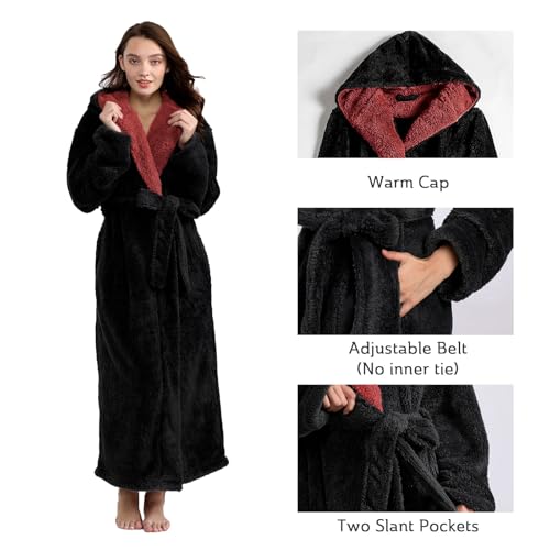 Image of Hellomamma Long Hooded Robe for Women Luxurious Flannel Fleece Full Length Bathrobe Winter Warm Pajamas Shower Nightgown