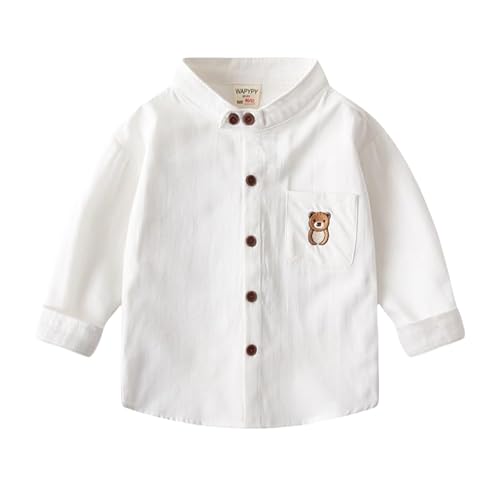 Image of Meufam Toddler Boys Long Sleeved Stand Up Collar Shirt Embroidered Teddy Bear Shirt Casual Top With Pocket Fall Winter Clothes (White,3 Years)