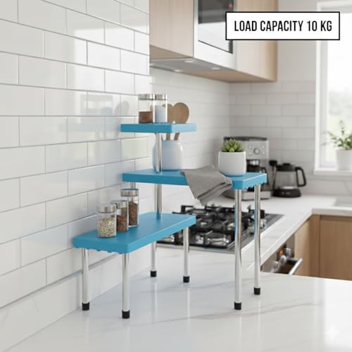 Image of U-Max 3-Tier Multipurpose Corner Kitchen Rack, 3 tier kitchen shelf, Space Saving Countertop Shelf Organizer for Spice Jars, Containers, Cups & Cooking Essentials (Blue)