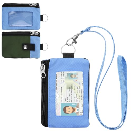 Image of Minimalist RFID Wallet with Lanyard, Multi-Functional ID Case with 2 Zipper Pockets and Key Chain for Men and Women, Tactical Badge Pouch Cards Holder, Coin Purse for Travel Sports - Green&Blue