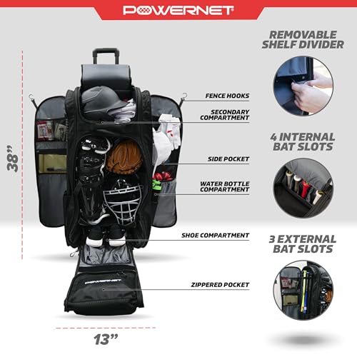 PowerNet Optimus Catcher's Bag, Rolling Equipment Bag Holds All Baseball & Softball Gear, 7 Internal Bat Sleeves, Cleat Compartment, Personalization Panel & Hooks