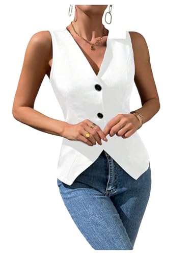 Verdusa Women's Button Down V Neck Blazer Vests Old Money Split Sleeveless Asymmetrical Jacket Vest