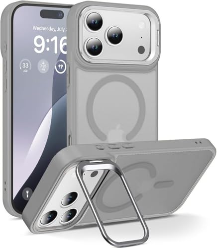 Image of Elzzi for iPhone 17 Pro Max Case Compatible with MagSafe, Built-in Adjustable Camera Guard Kickstand, Translucent Matte Anti-Fingerprint Heavy Duty Shockproof Phone Cover - Titanium Grey
