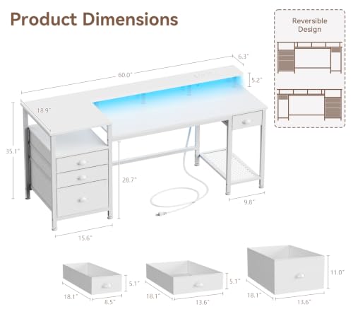 Image of Furologee 60 inch White Computer Desk with 4 Drawers, Power Outlet, LED Lights
