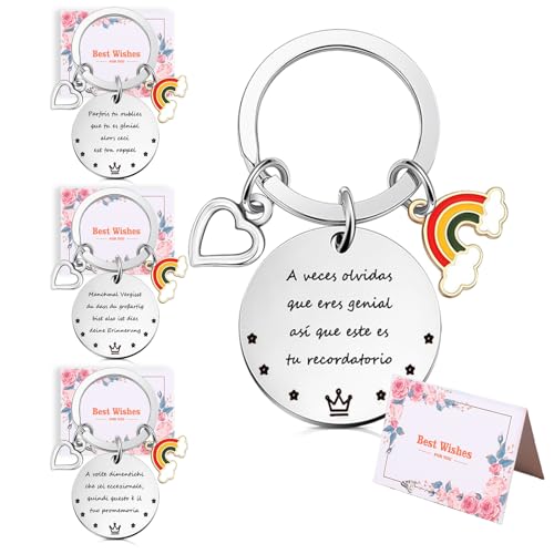 Ketilrub 4 peças arco-íris porta-chaves de presente com palavras motivadoras, porta-chaves personalizados vem com quatro idiomas e quatro cartões. Presentes para melhores amigas, presente do pai à