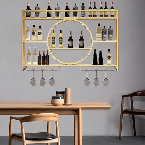 Expositor de Vino de Pared de Metal para Guardar en el Bar. Elegante Mueble de cócteles para la decoración de la Sala de Estar o el Restaurante. Botellero de Pared Dorado.
