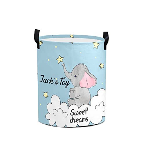 Sweet Dream Elephant Personalized Freestanding Laundry Hamper, Custom Waterproof Collapsible Drawstring Basket Storage Bins with Handle for Clothes