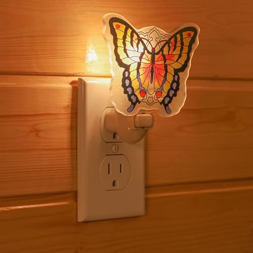 Image of Butterfly Night Light Plug into Wall - Made with Real Glass, Stained Glass Styled Nightlight for Hallway, Nursery, Bedroom, Bathroom, Kitchen, Stairway - Nature Inspired Accent Home Decor-Red Orange