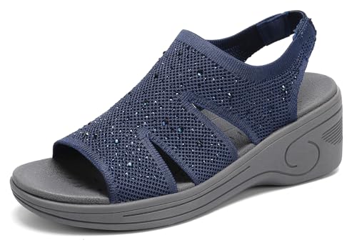 Image of Womens Wedge Sandals Platform Walking Sandals Open Toe Ankle Elastic Strap Casual Comfortable Summer Dressy