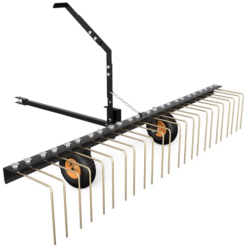 YITAMOTOR 60 Inch Tow Behind Dethatcher, Lawn Dethatcher Rake with 24 Spring Steel Tines & Lift Handle for ATV or Mover Tractors, Tow Behind Lawn Rakes for Leaves, Pine Needles, and Grass