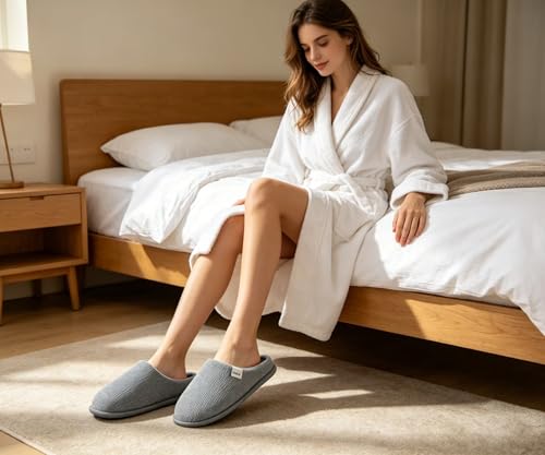 ONCAI Pantoufles Femme Dessus en Motif Waffle de Shake Polaire de Fausse Fourrure 2026 Hiver Chaussons Mousse à Mémoire Coussinée Semelle Antidérapante en Caoutchouc Gris Taille 39 – vue 2