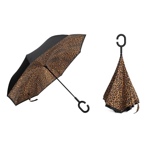Parapluie inversé léopard anti-goutte avec poignée en C mains libres