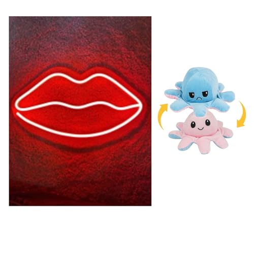 Image of EITHEO Stuffed Animal Plushie Stuffed Toy for Kids (Neon Lips + Small Octopus Pink)