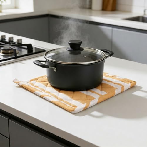 Image of Encasa XO Oven Microwave Pot Holders Trivets 21 cm (2 pc) for Kitchen Cooking & Baking - Heat Resistant, Thick & Safe, Protection of Hands from Hot Utensils, Grill, BBQ - Franca Yellow Stripes