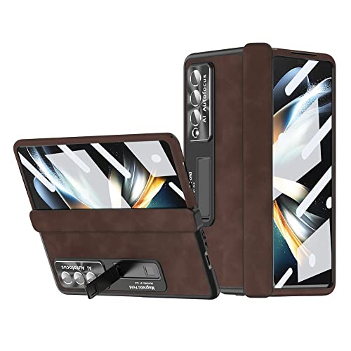 Étui cuir magnétique Galaxy Z Fold 4 avec protection charnière et verre trempé - Café