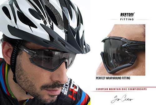 Bertoni Sport Sunglasses Cycling Mtb Running Ski Golf Sport Sunglasses Cycling Mtb Running Ski Golf Removable Sport Prescription Carrier Included Mod Mod. Quasar (Black/Photochromic) #TOP3