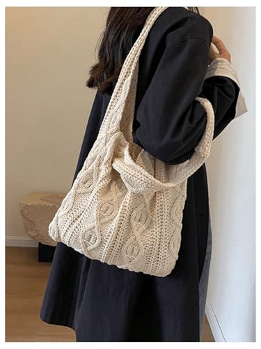 Image of Verdusa Women's Knitted Crochet Shoulder Bags Casual Hobo Tote Bag Shopping Bags Beige One Size