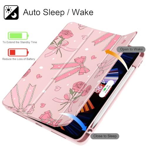 Tuiklol for iPad Pro 11 Inch 4th / 3rd / 2nd / 1st Gen (2022 2021 2020 2018) Case -Built-in Pencil Holder Shockproof Cover Clear Transparent Back Shell with Auto Wake/Sleep, Bow & Rose by Tuiklol - Image 3