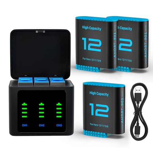 OHZHAO 3er-Pack 2026 Upgrade 2580 mAh Hero 12 Akku und LED 3-Kanal-USB-Ladegerät Hochleistungsakku für GoPro Hero 12/11/10/9 Black Enduro wiederaufladbare Kameras mit Typ-C-Datenkabel