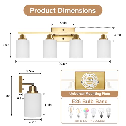 Image of Ascher Bathroom Light Fixtures, 4-Light Vanity Light Over Mirror, Gold Wall Sconces with Milky White Frosted Glass Shades, Wall Lamp for Living Room Bedroom, E26 Base(Bulbs Not Included)