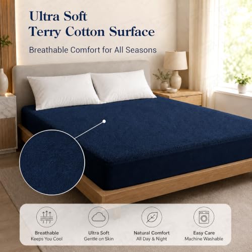 Image of Lukzer Waterproof Mattress Protector Blue King Size 72 x 72 Inches (6 x 6 ft) Ultra Soft Terry Cotton Feel Fabric with Elastic Skirting Hypoallergenic and Breathable Mattress Cover