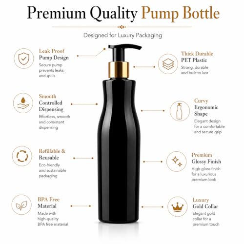 Image of Prakash Empty Plastic Trophy Pump Bottles Dispenser 500ml Portable Shampoo Lotion Hand Bottle (Black Trophy Golden Pump 500ML, Pack of 6)