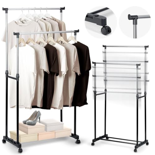BAKAJI Stand Appendiabiti Doppio in Metallo Allungabile con Ruote, Appendi Abiti Telescopico da Terra, 93 a 158 cm, Salvaspazio, Robusto, Attaccapanni da Ingresso, Camera da Letto, Negozio, Soggiorno