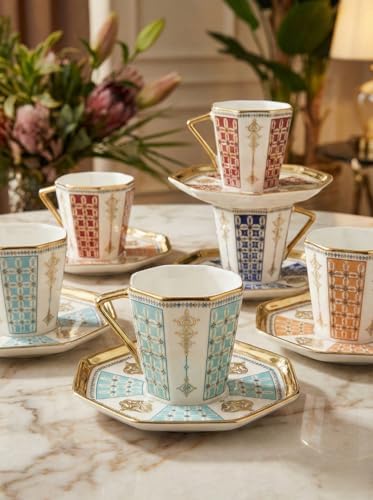 Altın İşlemeli Desenli 6 Kişilik Porselen Kahve Fincan Seti, Cam Malzeme, Zarif Sunum - Görsel 2