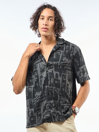 Image of Bewakoof Men's All Over Printed Oversized Fit Half Sleeve Resort Collar Rayon Shirt