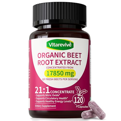 Vitarevive Organic Beet Root Capsules with Beetroot Extract 17850mg 21:1 Concentrated Beetroot Supplement Supports Circulation and Nitric Oxide from Beet Root Powder Extract 120 Count
