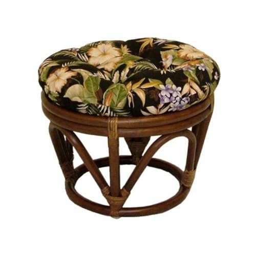 Maykoosh Rustic Recluse Rattan Ottoman/Footstool with Tufted, Round Outdoor Fabric Cushion, Dark Walnut Stain Finish Frame, Stylish and Comfortable Patio Furniture