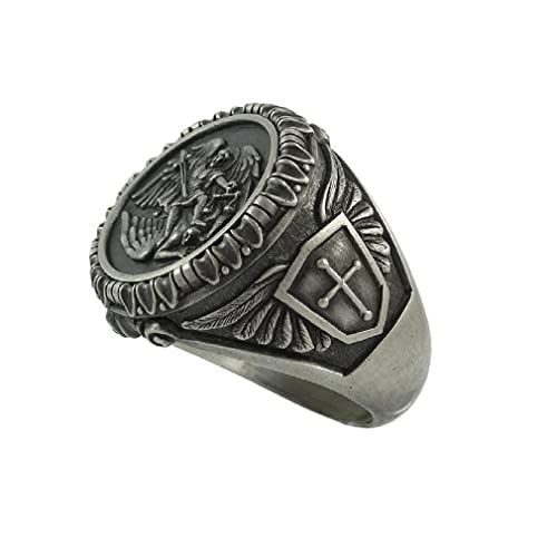 St. Michael Ring For Men, Vintage Cross Shield Ring, Viking Angel Wings Ring, Saint Michael The Archangel Ring, Religious Amulet Ring, Punk Christian Faith Jewelry Gift For Men Boys (10) #TOP3
