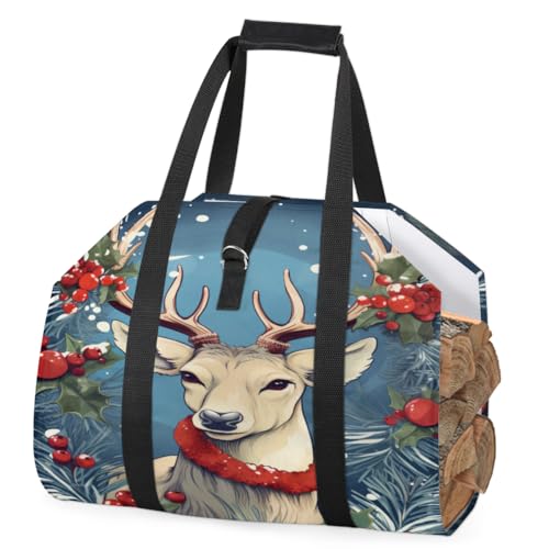 Portalegna da ardere con manico, grande capacità, con renna, bacche, agrifoglio, foglie di agrifoglio, porta legna da ardere, accessori per campeggio, barbecue, caminetto