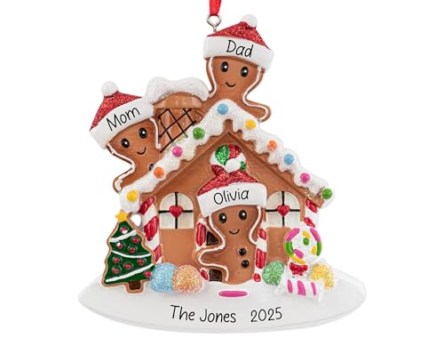 UniqXmas Personalized Gingerbread House Family of 3 Christmas Ornament 2025 | Customized Xmas Tree Decoration with Name & Year - Custom First Christmas in New Sweet Home, Family of Three Keepsake Gift
