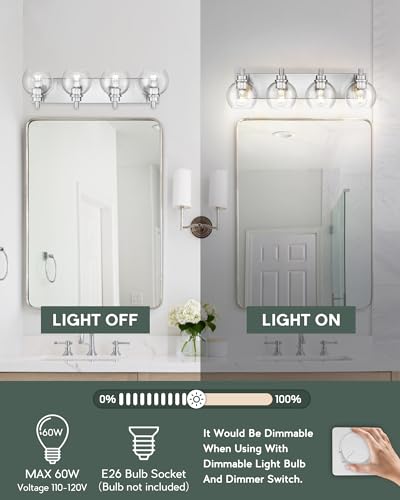 Image of Bathroom Light Fixtures, 4 Light Brushed Nickel Vanity Light, 26 Inch Modern Wall Sconces with Globe Clear Glass Shade, Vanity Lighting Fixtures Over Mirror, VL195-BN-CL-4