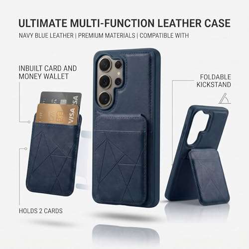 Image of amazon basics Premium Vegan Leather Back Cover with Card Holder and Integrated Mobile Stand for Samsung Galaxy S26 Ultra 5G - Slim Shockproof Wallet Case with Geometric Stitching [Blue]