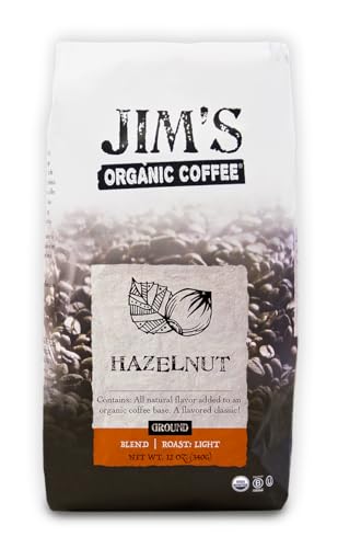 Jim’s Organic Coffee – Hazelnut, All Natural Flavored Blend – Light Roast, Ground Coffee, 12 oz Bag