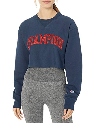 Champion LIFE Women's Vintage WASH Reverse Weave Cropped Block Champion Arch, Navy, Large