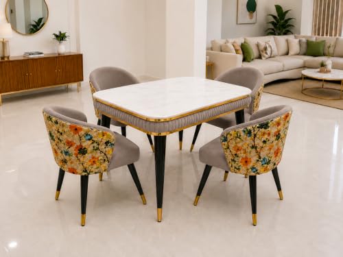 Image of WOODEN SPACE Majestic 4 Seater Wooden Dining Table Set | Urban Marble Top Dining Table with Chairs for Dining Room & Kitchen (Modern Classic Printed Brown) (54 x 36 x 30 inch)