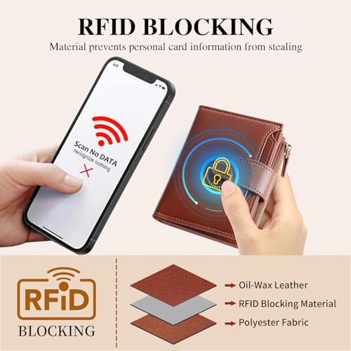 Image of GOIACII Leather Women's Wallet RFID Blocking Credit Card Holder Brown | Compact, Small, Trifold Billfold with Zipper Coin Pocket, 4 ID Windows