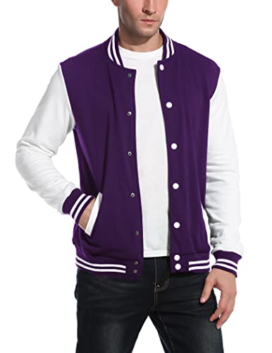 Image of COOFANDY Mens Slim Fit Varsity Baseball Jacket Bomber Cotton Premium Jackets, Purple, XX-Large