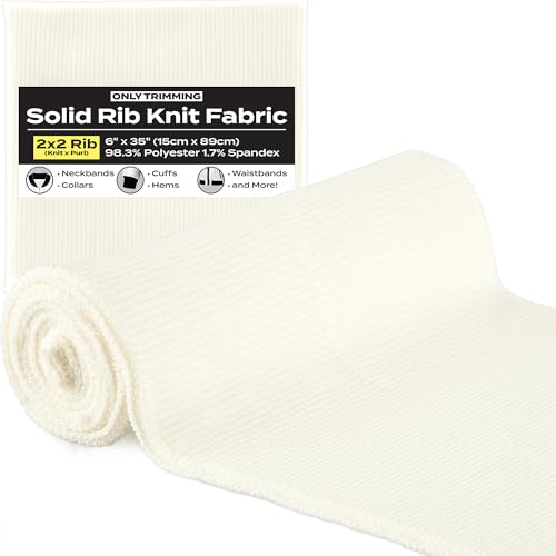 ONLY TRIMMING 2x2 Solid Rib Knit Fabric, Stretchy Knitted Ribbing for Cuffs, Collars, and Waistbands, Polyester-Spandex Blend, DIY Sewing Trim, 6 x 35 Inches (Cream, 6 x 35 Inches)