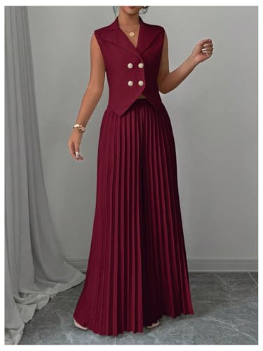 SOLY HUX Women's 2 Piece Business Outfit Button Down Lapel Collar Crop Vest Top and Pleated Pants Set4