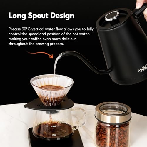 Cafelffe MK-101 Bouilloire électrique à bec verseur – Bouilloire à thé col de cygne en acier inoxydable de 0,8 L avec écran LED, contrôle de température de 40 à 95 °C, chauffage rapide de 1 500 W, noi – Image 4