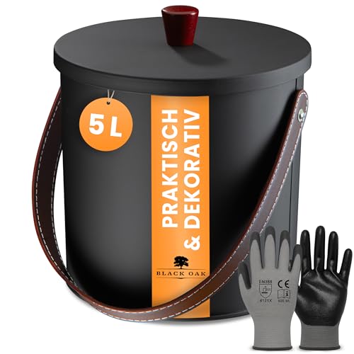 BLACK OAK Ascheeimer TOBA 5L - schwarz mit Deckel & Leder-Griff + Handschuhen - 5L Stahl feuerfest verzinkt & pulverbeschichtet Eimer für Asche Kohle Pellets Kamin edles schickes Design