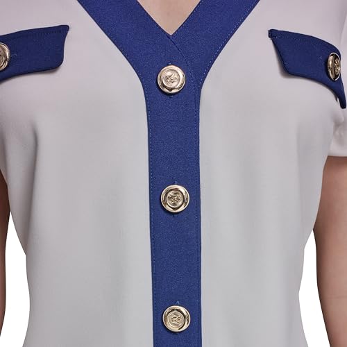 Image of Karl Lagerfeld Women's Short Sleeve V Neck Scuba Crepe A-line Contrast Framing Dress