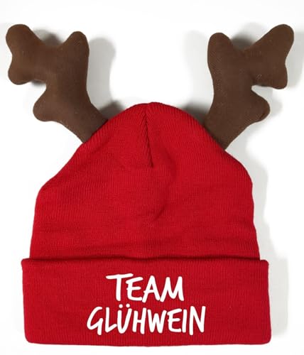 tshirtladen TEAM GLÜHWEIN Wintermütze S/M mit Rentiergeweih – rote Strickhaube bestickt – witzige Weihnachtskopfbedeckung für kleine Köpfe oder engen Sitz