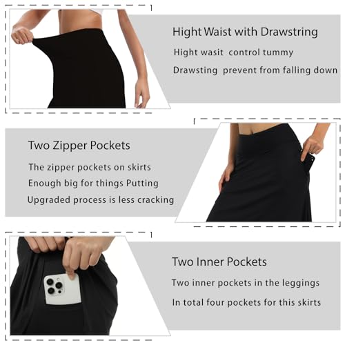 Image of Women Knee Length Skirts with Leggings,Pickleball Skirted Leggings Capris for Tennis Yoga Women Zipper Pockets