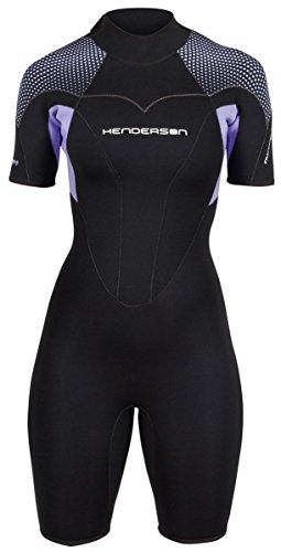 Henderson Women's 3mm Thermoprene Pro Back Zip Shorty Wetsuit, Black/Lavander, 4
