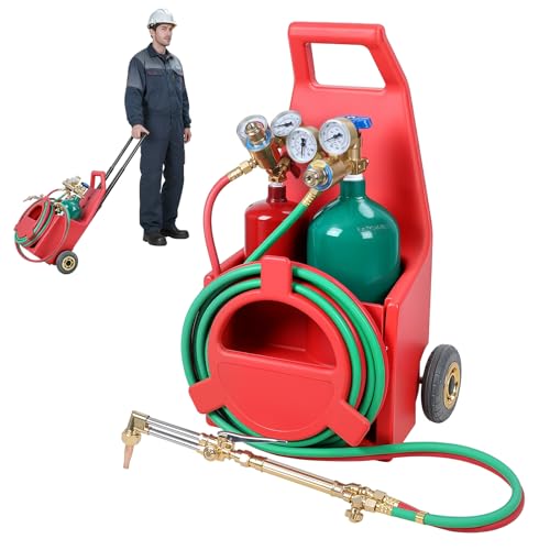 Oxy Acetylene Torch Kit with Tank, Portable Welding Brazing Cutting Torches Kit, Professional Oxygen Acetylene Torch Kits with Long Pipe Brass Nozzle Welding Pressure Gauge Red